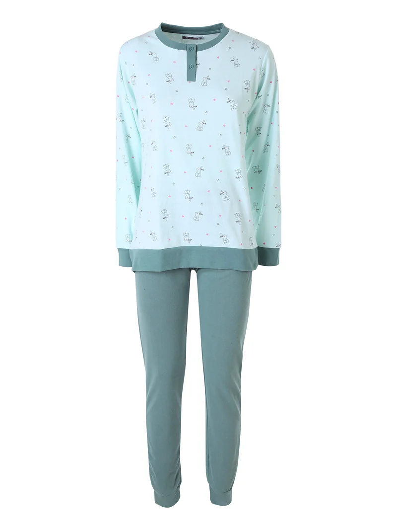 Pigiama lungo da donna in cotone interlock con stampa disegni - acqua marina