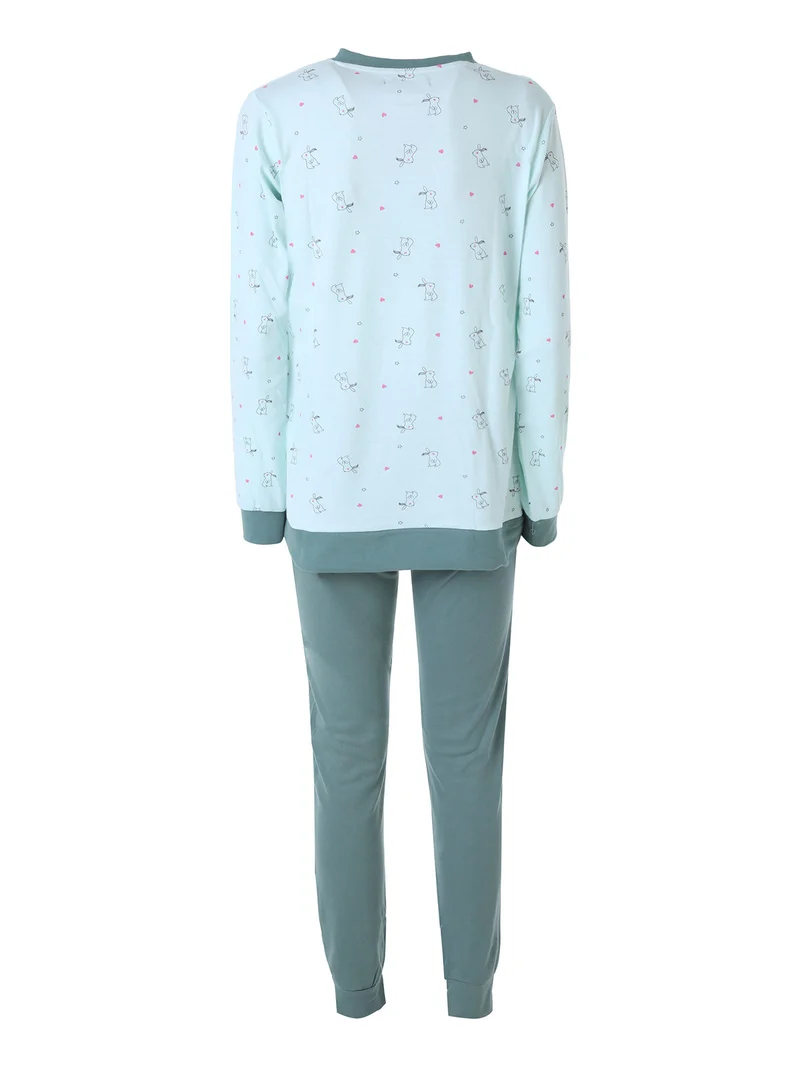 Pigiama lungo da donna in cotone interlock con stampa disegni - acqua marina
