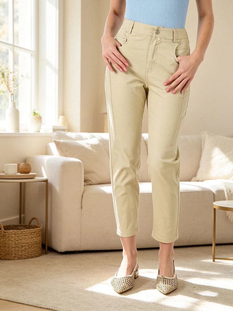 Pantaloni donna a vita alta in misto cotone - beige