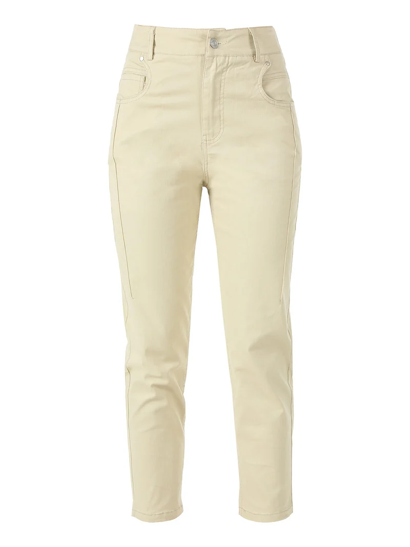 Pantaloni donna a vita alta in misto cotone - beige