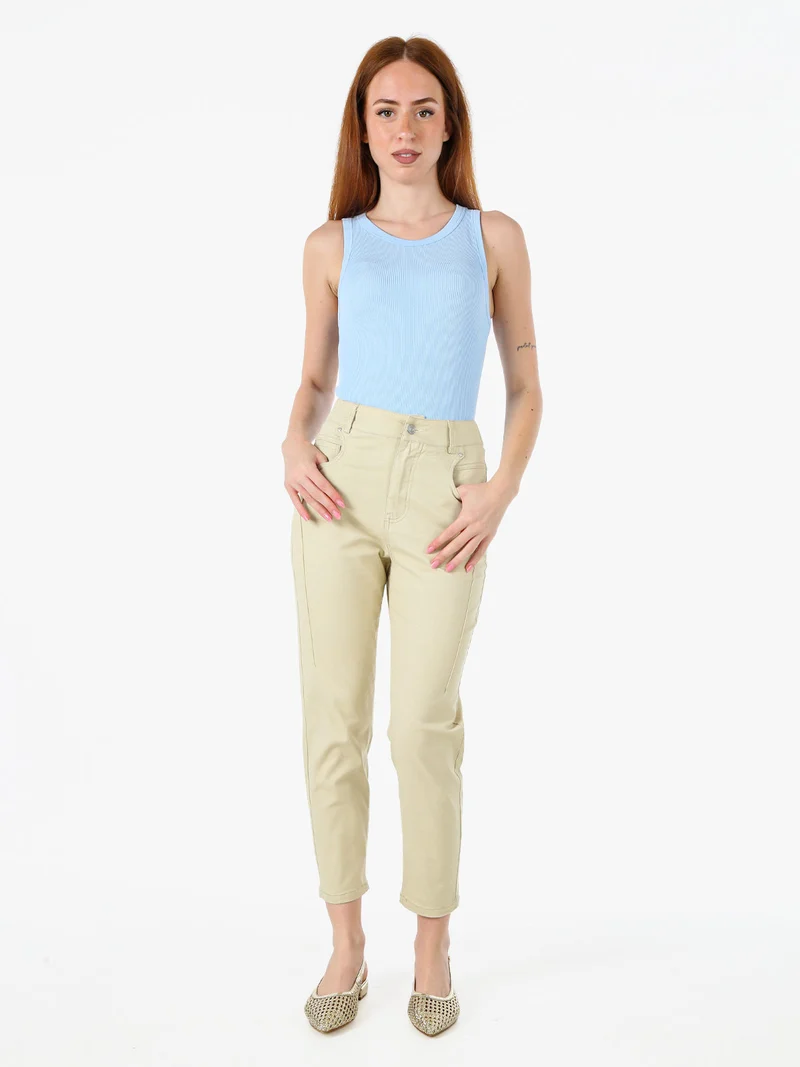 Pantaloni donna a vita alta in misto cotone - beige