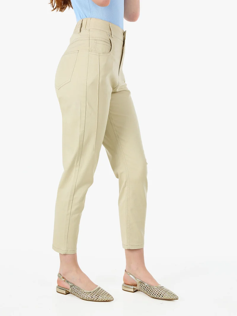Pantaloni donna a vita alta in misto cotone - beige