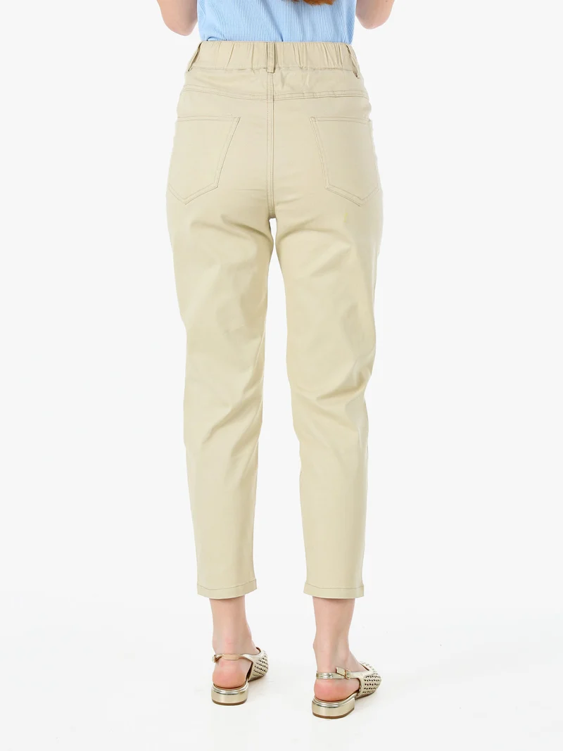 Pantaloni donna a vita alta in misto cotone - beige