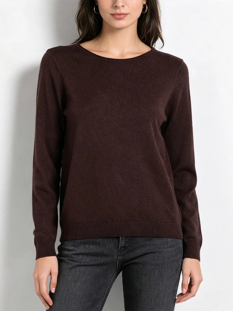 Pullover girocollo da donna in maglia con lurex - marrone