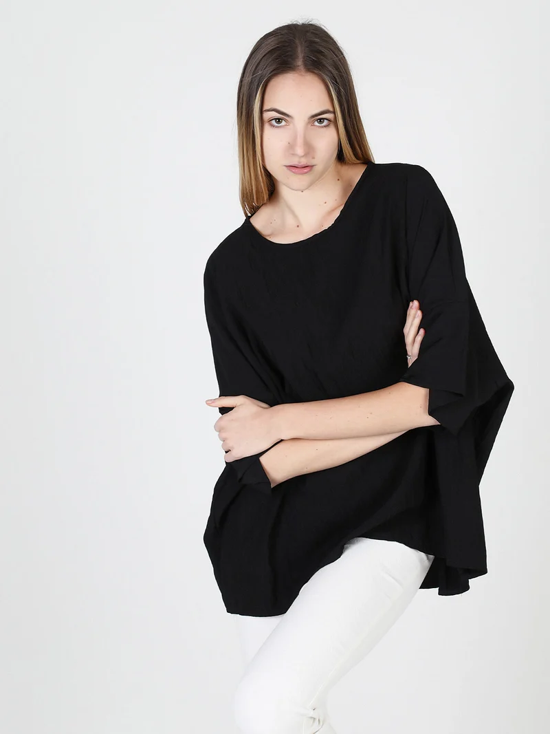Blusa donna oversize con maniche corte a pipistrello - nero