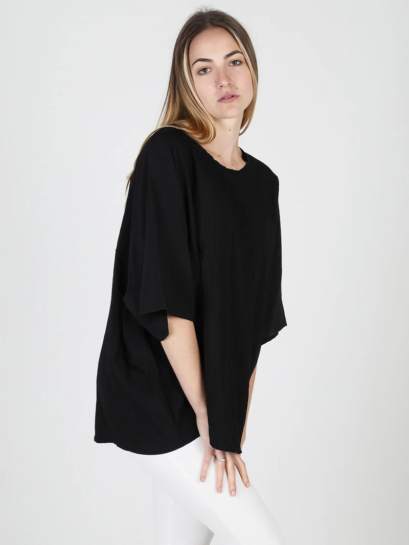 Blusa donna oversize con maniche corte a pipistrello - nero