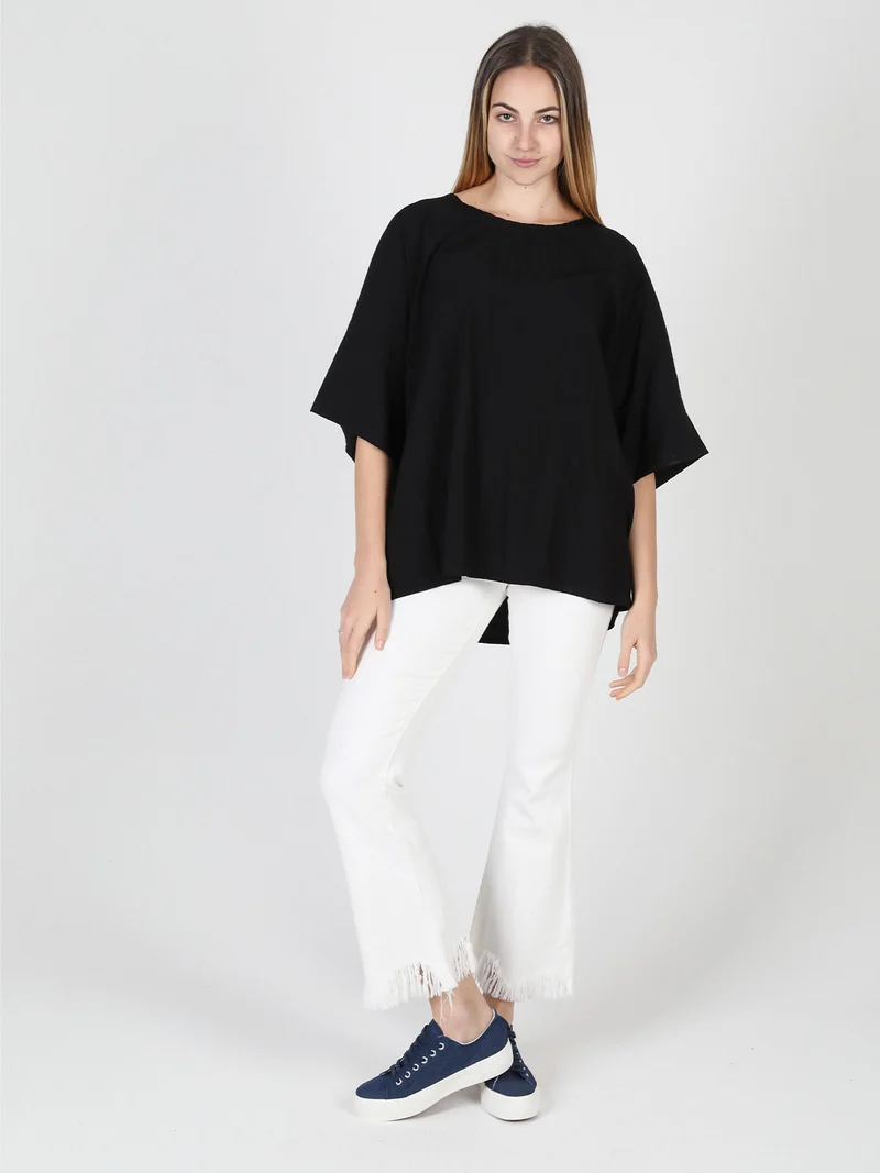 Blusa donna oversize con maniche corte a pipistrello - nero