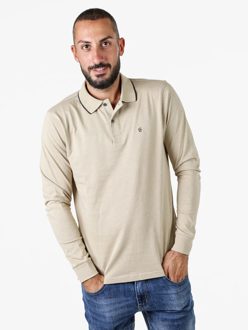 Polo da uomo a maniche lunghe in cotone - sabbia