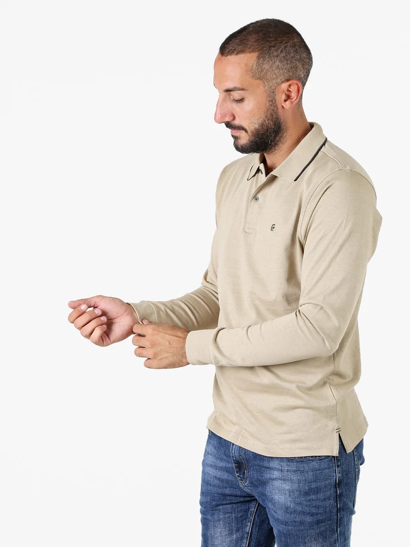 Polo da uomo a maniche lunghe in cotone - sabbia