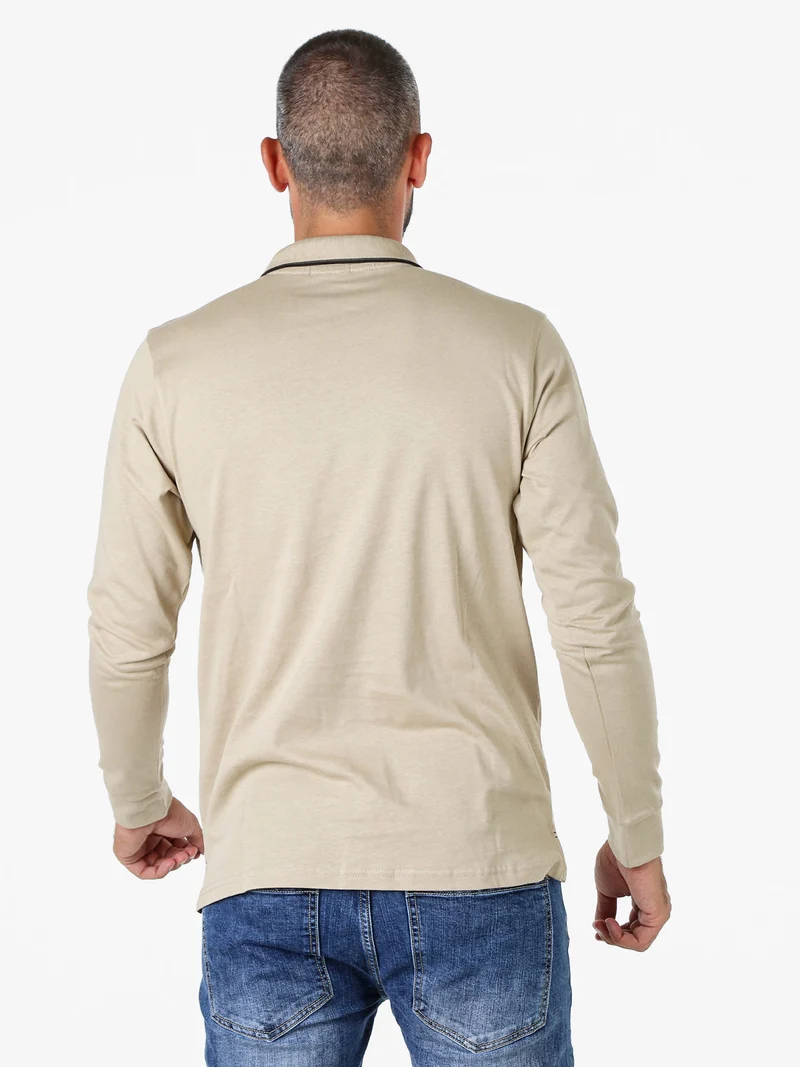 Polo da uomo a maniche lunghe in cotone - sabbia