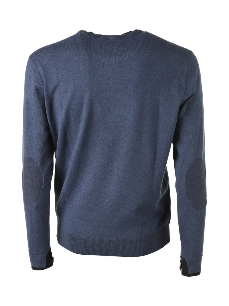 Pullover girocollo da uomo in maglia con toppe e bottoncini sui polsini - blu