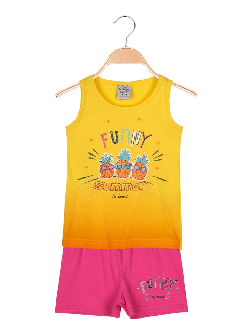 Canotta girocollo gialla con disegni + shorts fuxia completo 2 pezzi in cotone - giallo