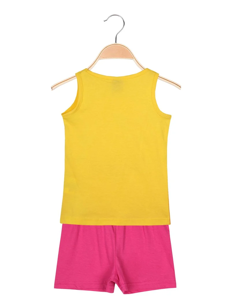 Canotta girocollo gialla con disegni + shorts fuxia completo 2 pezzi in cotone - giallo