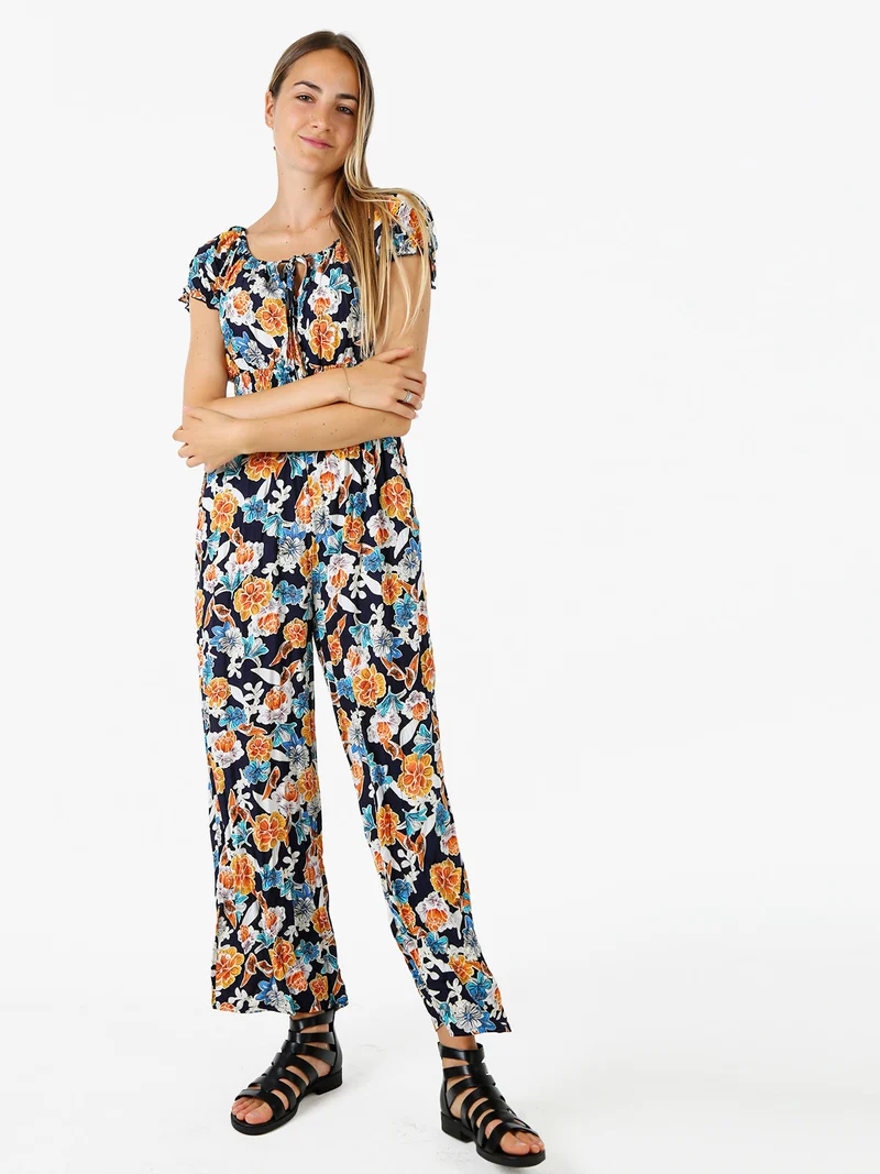 Tuta jumpsuite da donna con stampa floreale e maniche corte - blu scuro