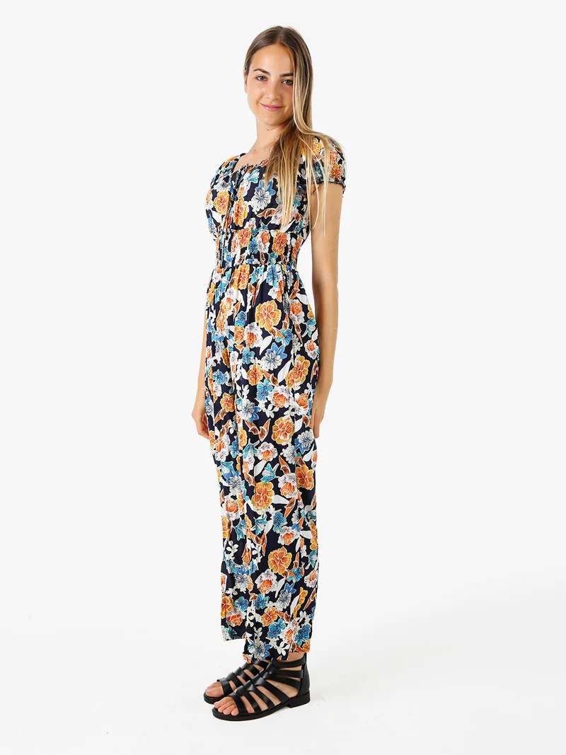 Tuta jumpsuite da donna con stampa floreale e maniche corte - blu scuro