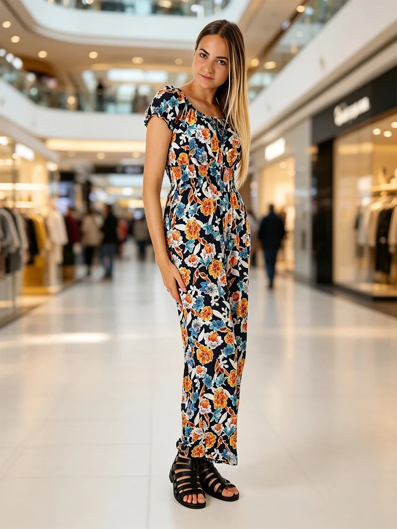 Tuta jumpsuite da donna con stampa floreale e maniche corte - blu scuro