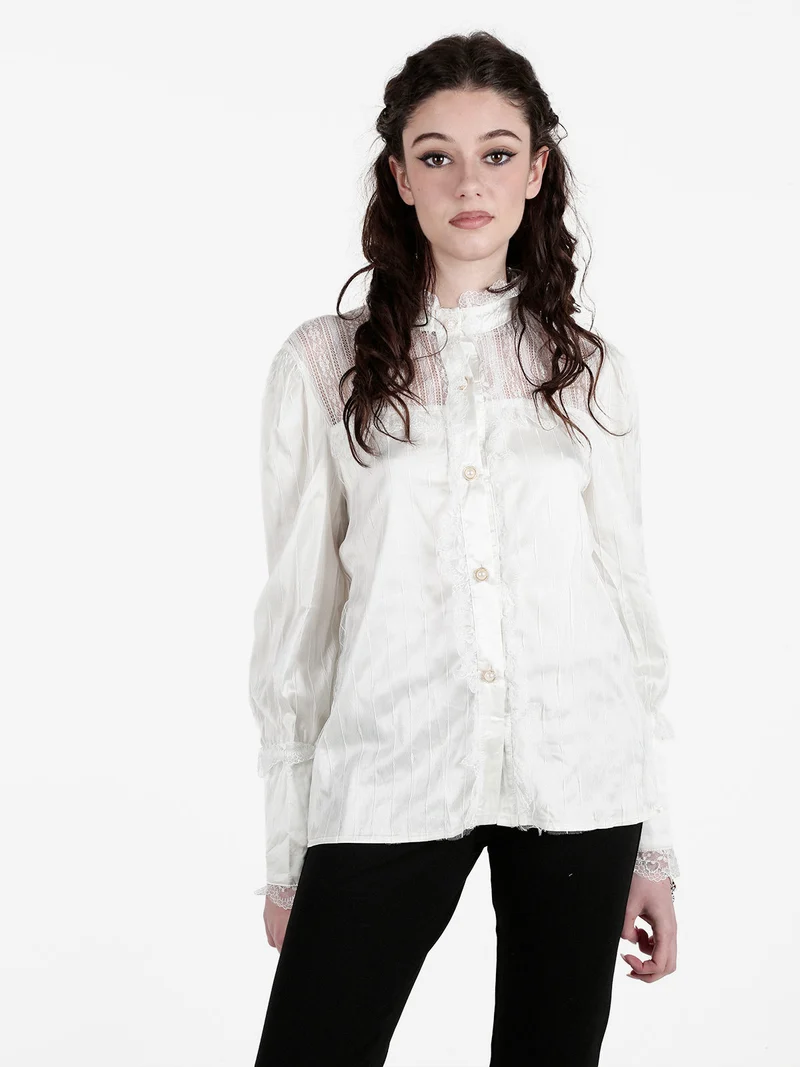 Camicia donna con bottoni di perle e pizzo - panna