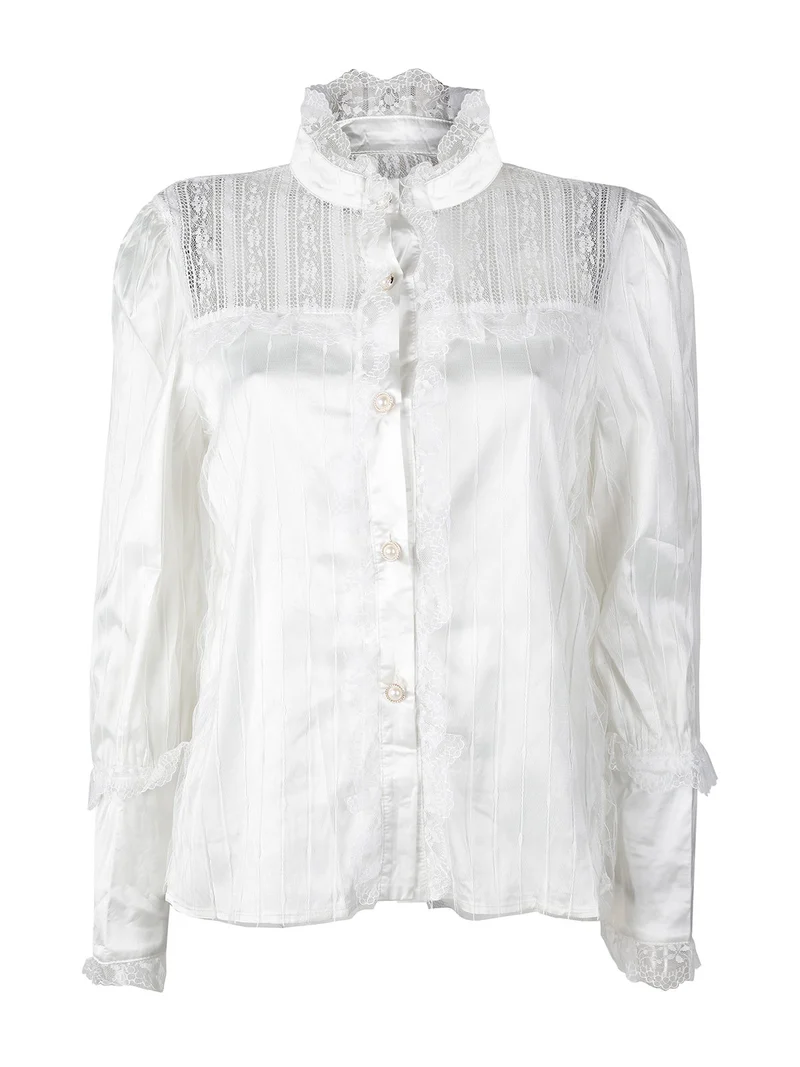 Camicia donna con bottoni di perle e pizzo - panna