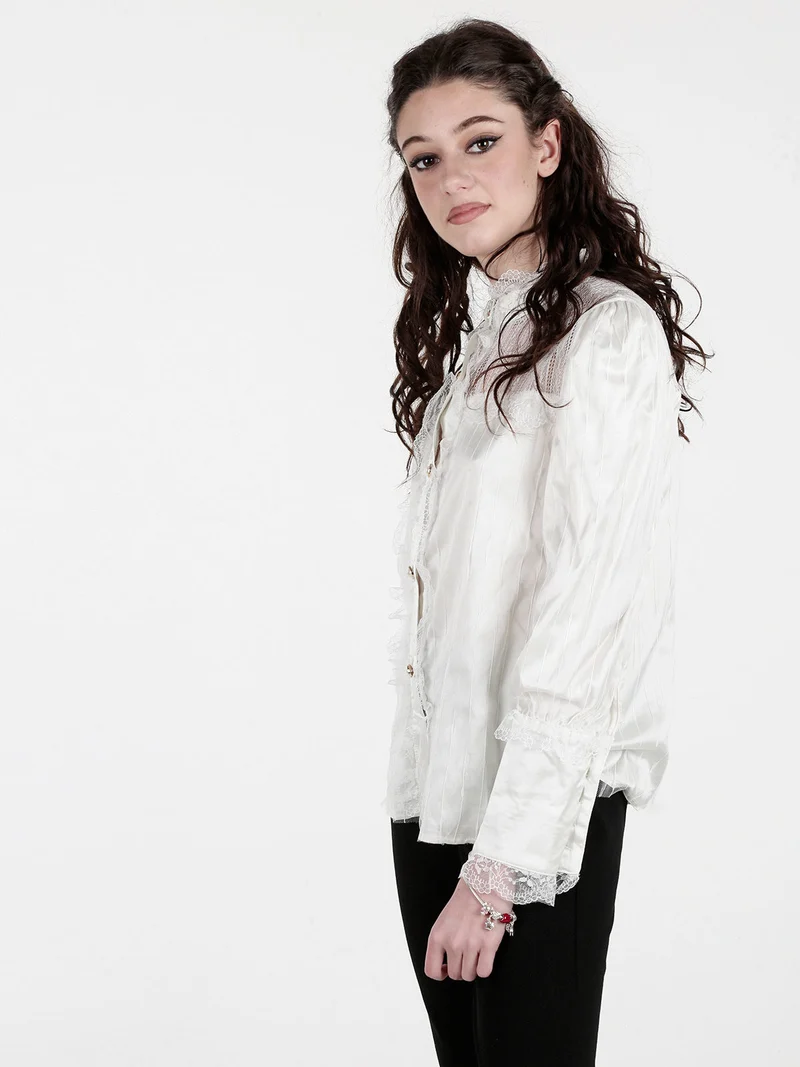 Camicia donna con bottoni di perle e pizzo - panna