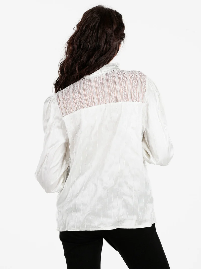 Camicia donna con bottoni di perle e pizzo - panna
