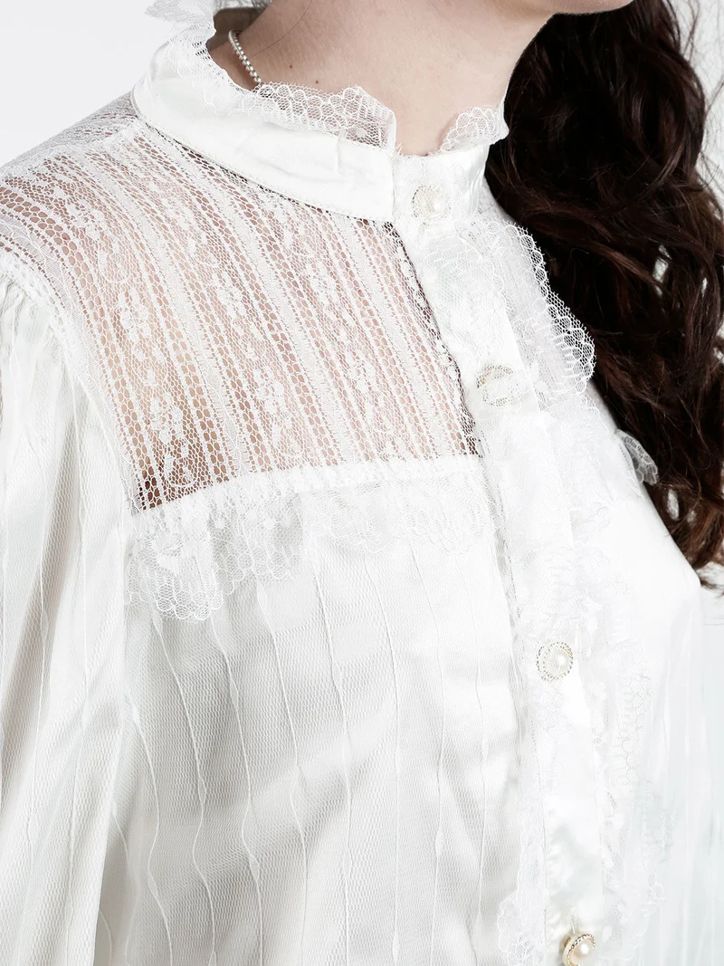 Camicia donna con bottoni di perle e pizzo - panna