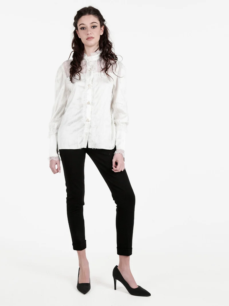 Camicia donna con bottoni di perle e pizzo - panna