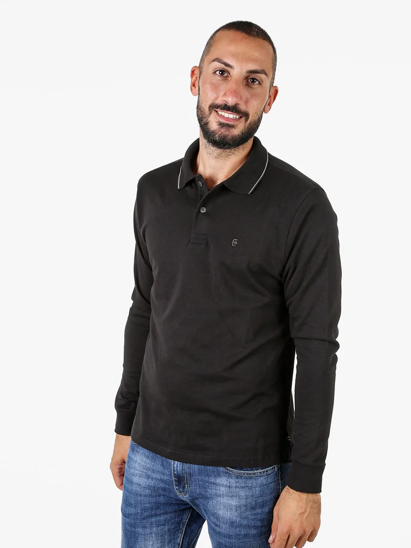Polo da uomo a maniche lunghe in cotone - nero