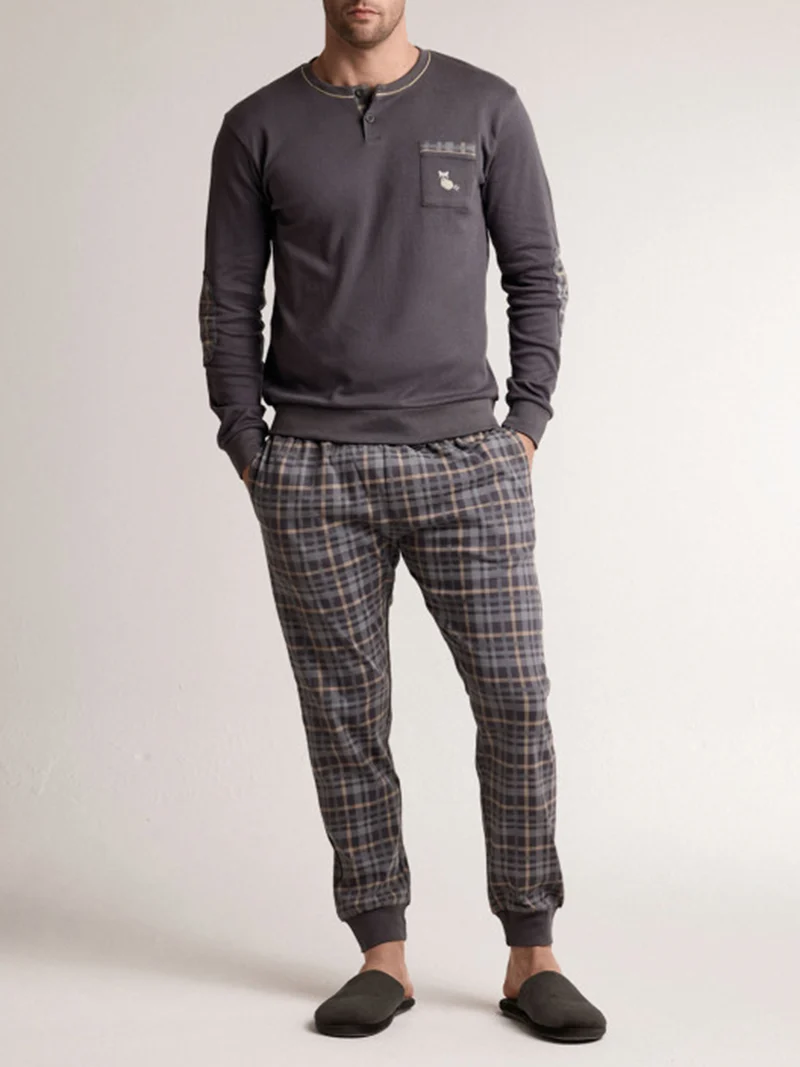 CHECKOUT Pigiama da uomo in cotone interlock con pantaloni a quadri - antracite