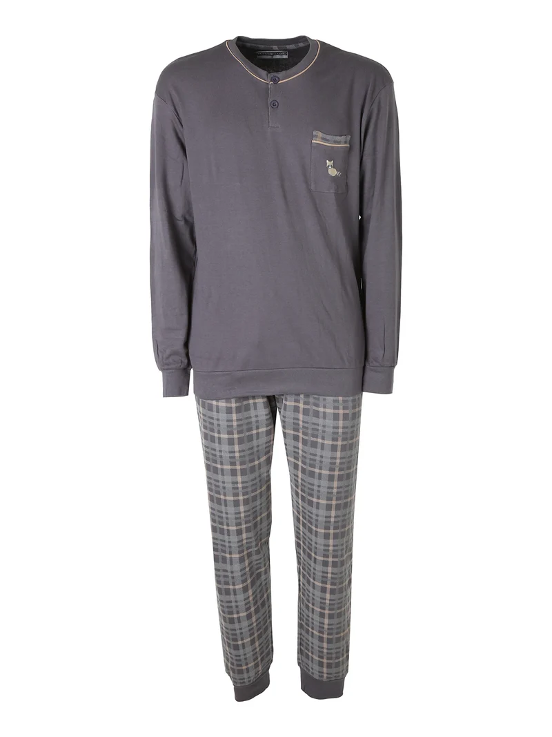 CHECKOUT Pigiama da uomo in cotone interlock con pantaloni a quadri - antracite
