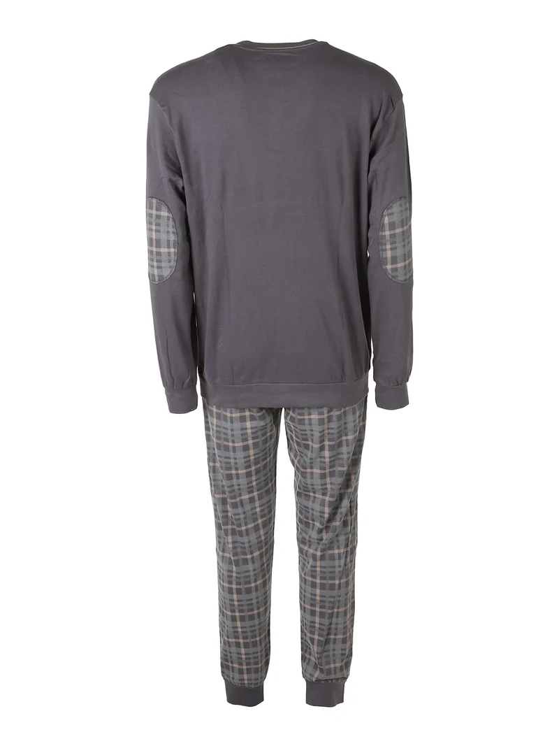 CHECKOUT Pigiama da uomo in cotone interlock con pantaloni a quadri - antracite