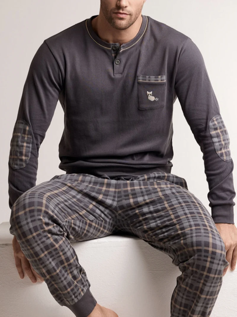 CHECKOUT Pigiama da uomo in cotone interlock con pantaloni a quadri - antracite