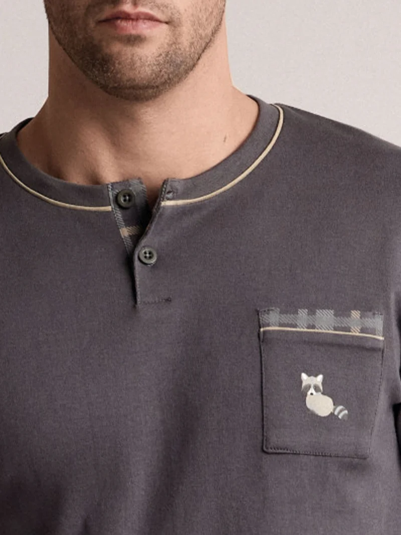 CHECKOUT Pigiama da uomo in cotone interlock con pantaloni a quadri - antracite