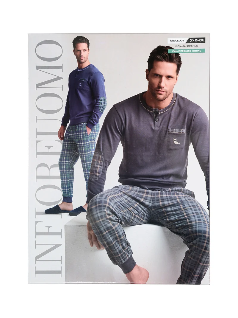 CHECKOUT Pigiama da uomo in cotone interlock con pantaloni a quadri - antracite