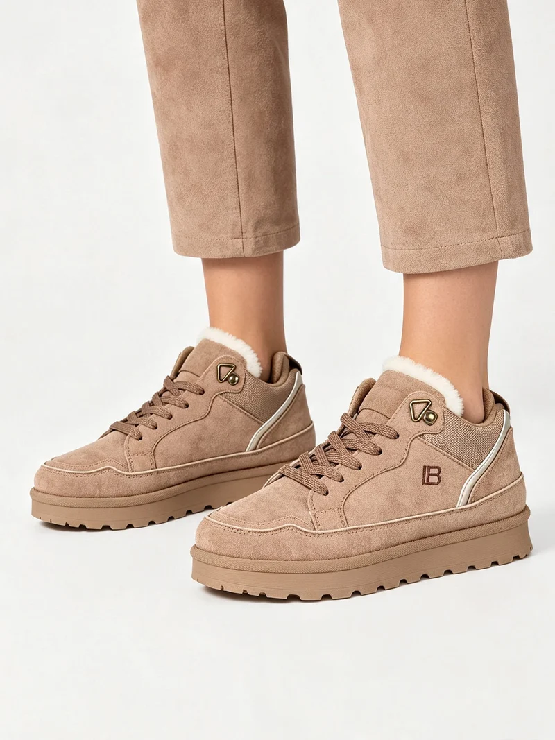 Sneakers donna in tessuto scamosciato con interno in ecopelliccia - beige