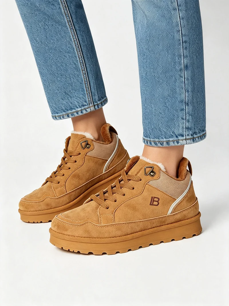 Sneakers donna in tessuto scamosciato con interno in ecopelliccia - cammello