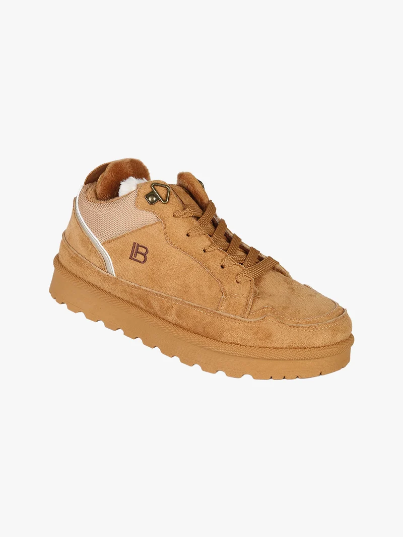 Sneakers donna in tessuto scamosciato con interno in ecopelliccia - cammello