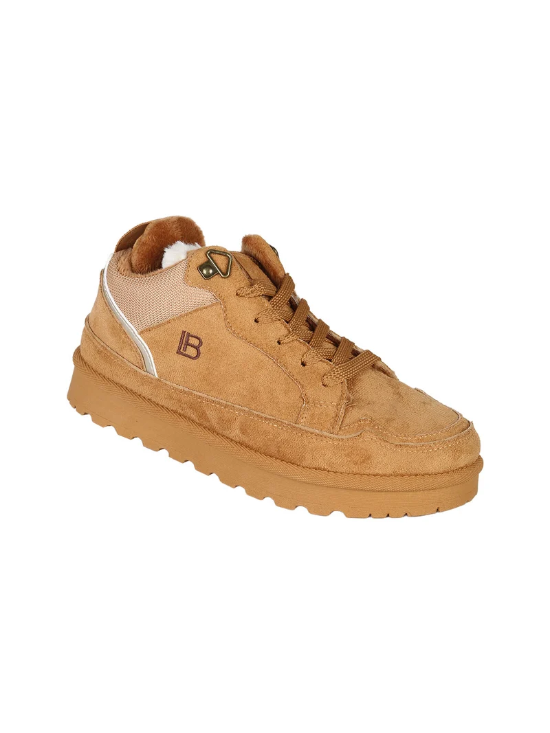Sneakers donna in tessuto scamosciato con interno in ecopelliccia - cammello