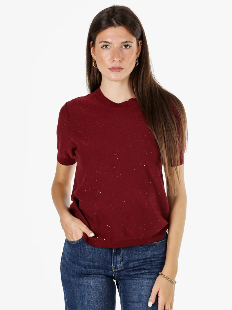 Maglia girocollo da donna a maniche corte con mini paillettes - bordeaux