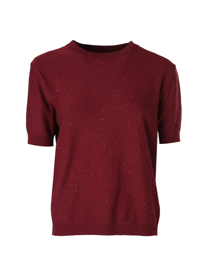 Maglia girocollo da donna a maniche corte con mini paillettes - bordeaux