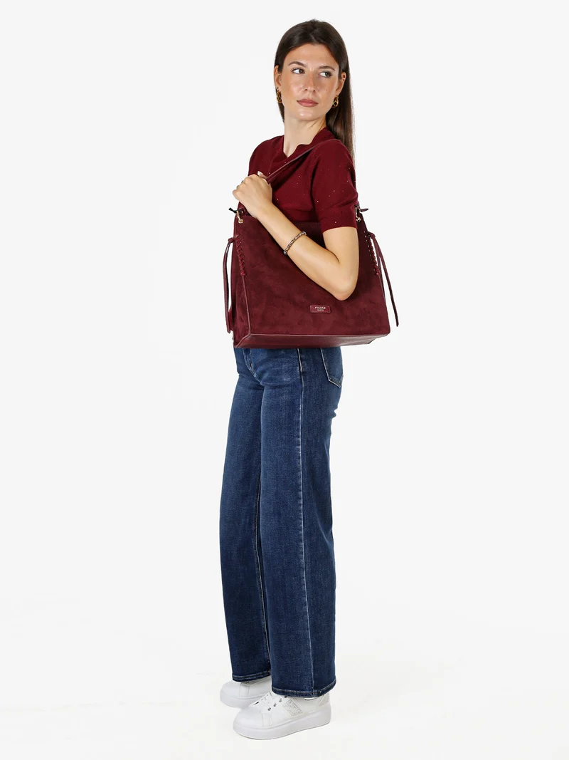 Maglia girocollo da donna a maniche corte con mini paillettes - bordeaux