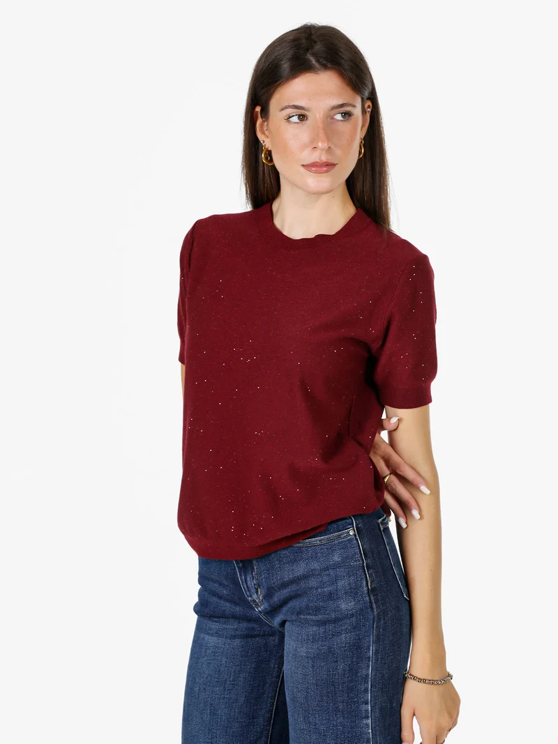 Maglia girocollo da donna a maniche corte con mini paillettes - bordeaux