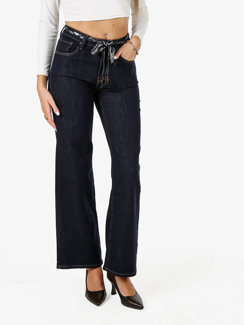 Jeans donna wide leg con foulard in vita - blu scuro