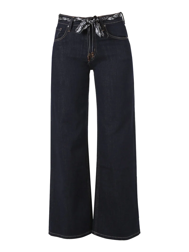 Jeans donna wide leg con foulard in vita - blu scuro