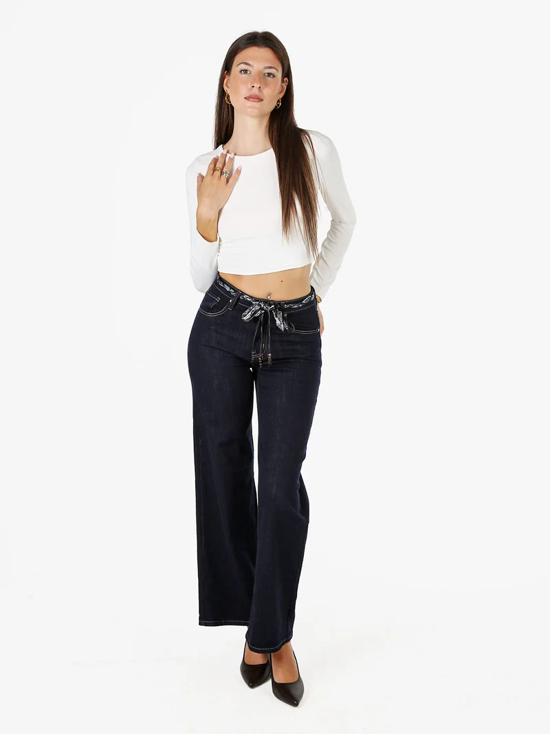 Jeans donna wide leg con foulard in vita - blu scuro