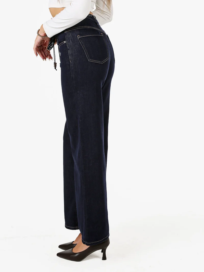 Jeans donna wide leg con foulard in vita - blu scuro
