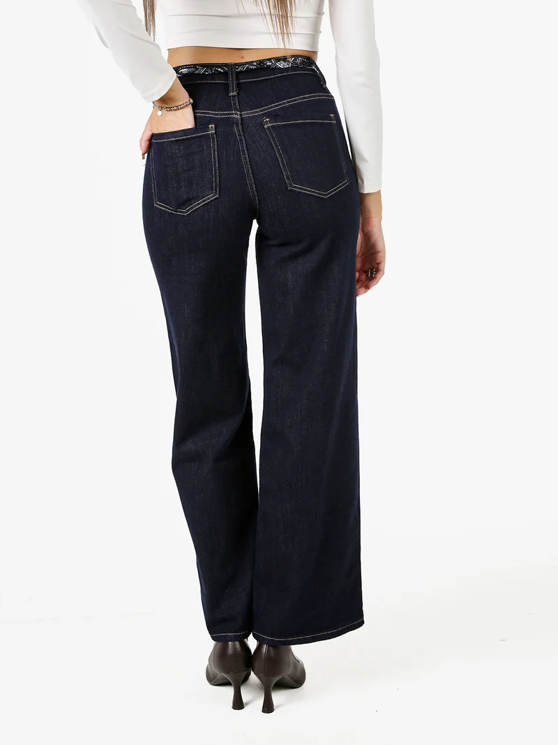 Jeans donna wide leg con foulard in vita - blu scuro