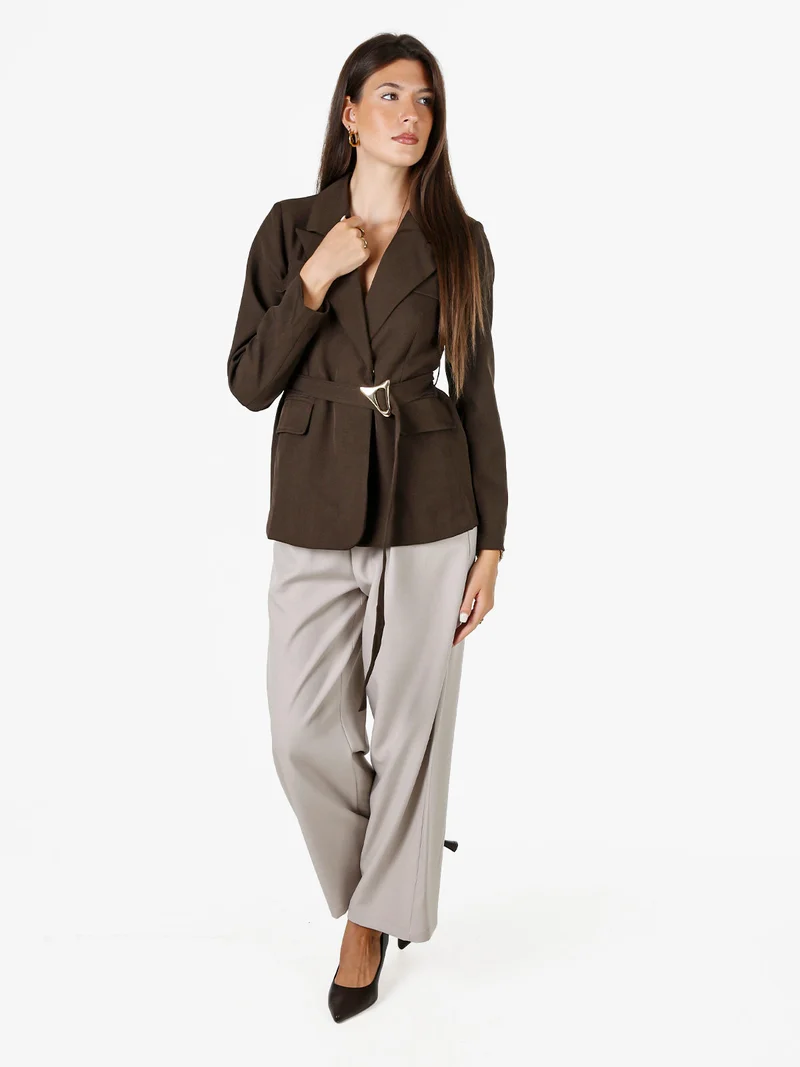 Blazer donna a doppiopetto con cintura in vita - moro