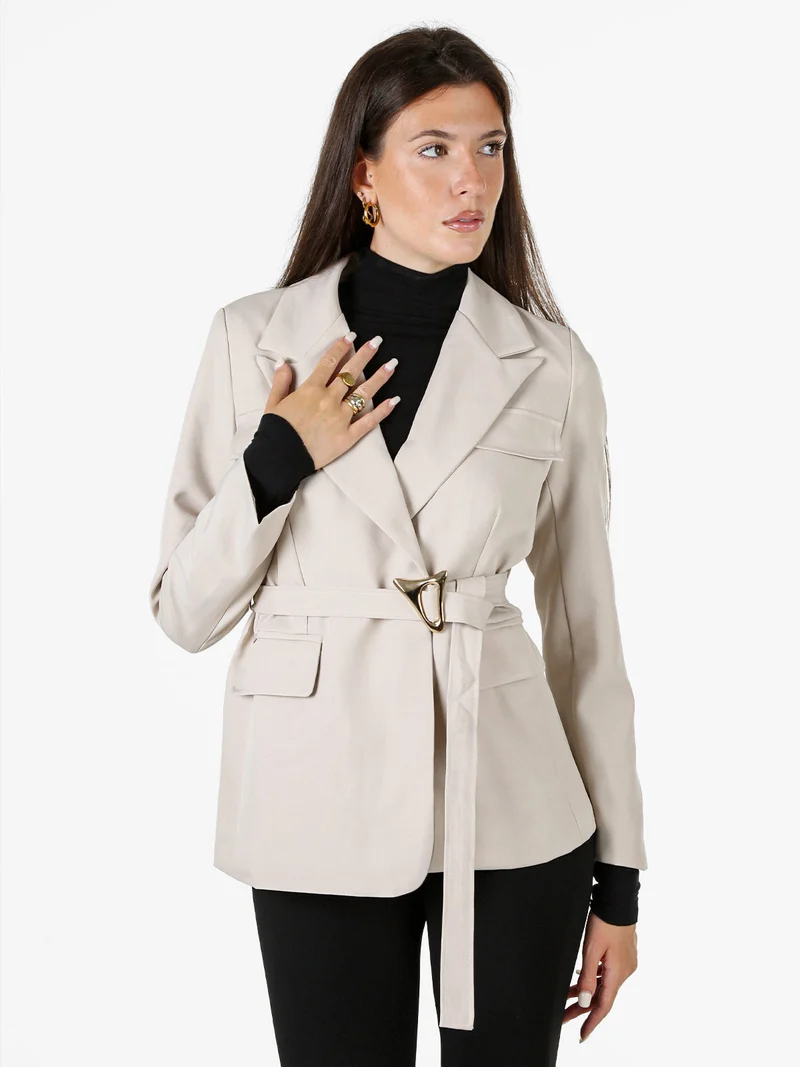 Blazer donna a doppiopetto con cintura in vita - beige