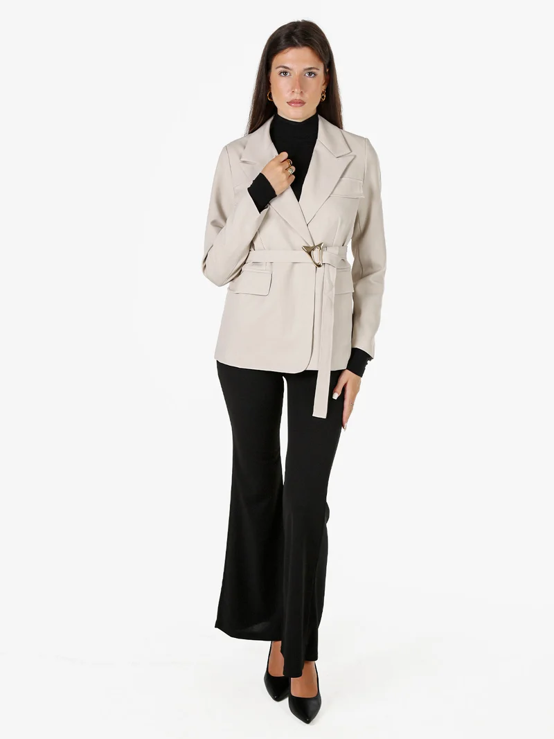 Blazer donna a doppiopetto con cintura in vita - beige