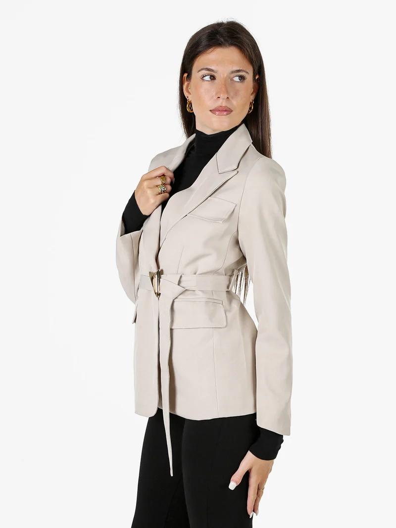 Blazer donna a doppiopetto con cintura in vita - beige